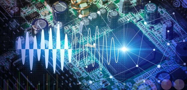 A close-up of a printed circuit board with digital waveforms and network connections, symbolizing electronics and data communication.