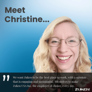 Smiling woman with blonde hair and glasses. Headline reads: Meet Christine.