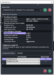 An image of the OMA braiding settings in Harness Builder 2025 to define the braid style, the spool counts, and factors that impact the manufacturing time and yarn weights.