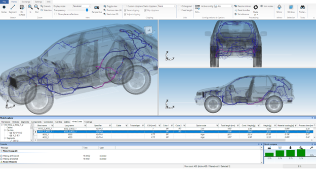 A screenshot of E3.WiringSystemLab showing many of its capabilities, like 3D model visualization, quick compares, and wiring details. 