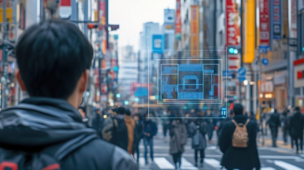 Man Walking Through a Busy Street in Japan guided by AR technology