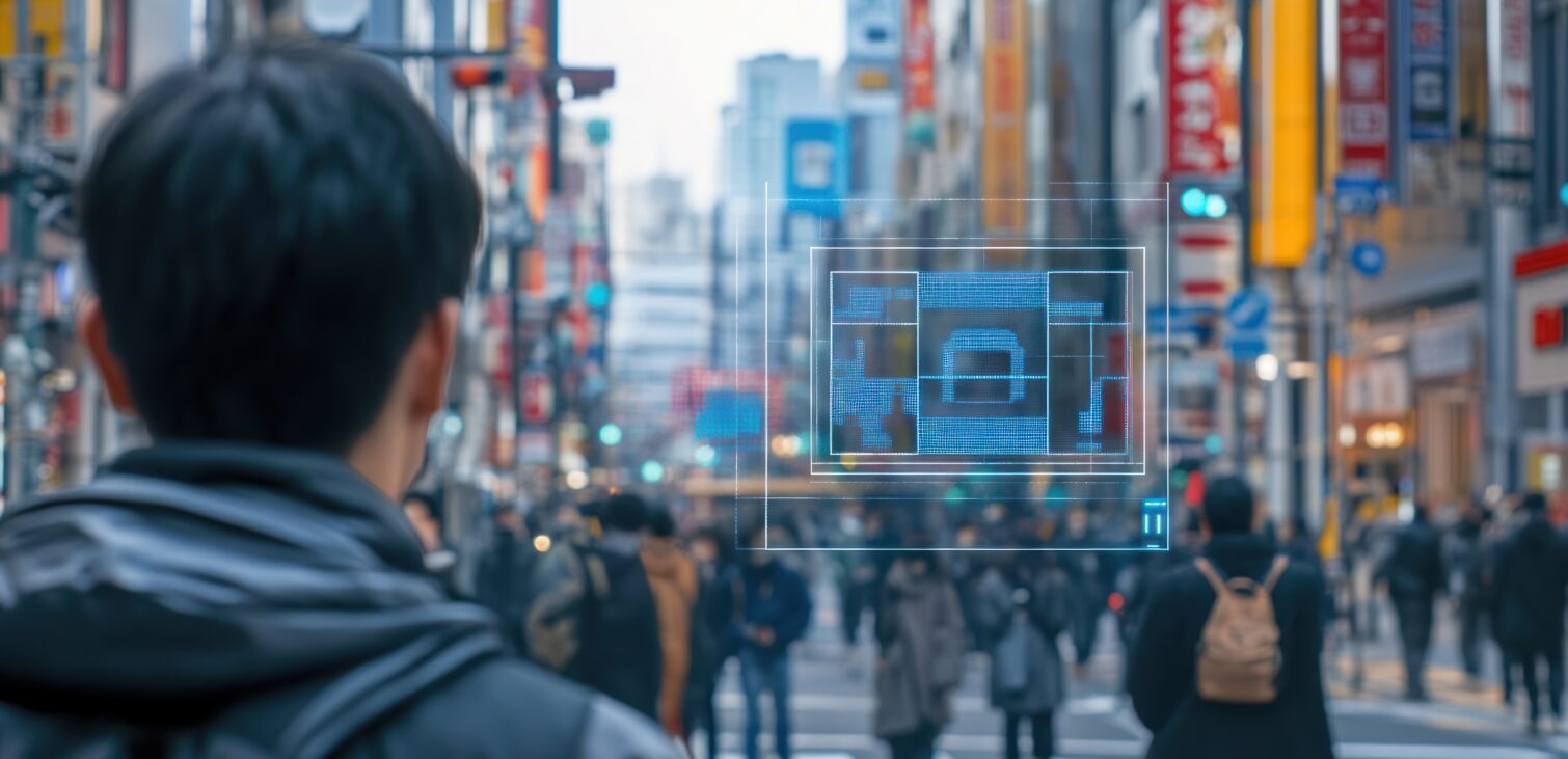 Man Walking Through a Busy Street in Japan guided by AR technology