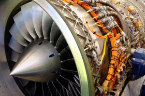 Close-up image of airplane engine, showing the wire harnesses.